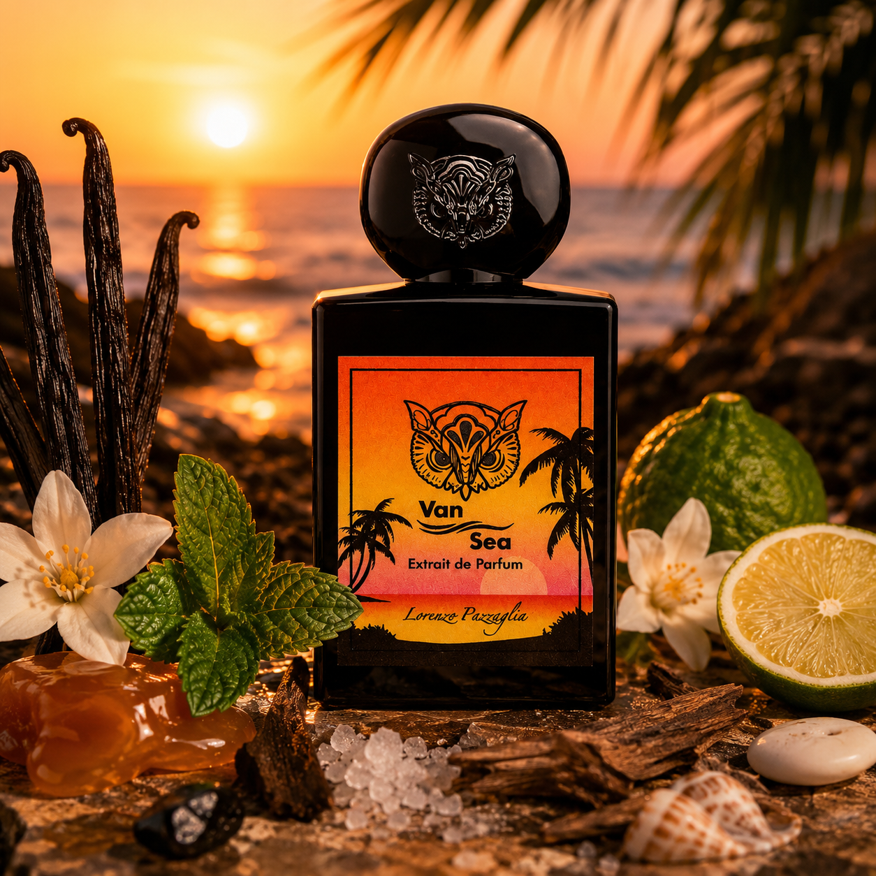 Van Sea de Lorenzo Pazzaglia, extrait de parfum 50 ml, flacon en ambiance tropicale avec vanille, menthe, citron vert, fleurs blanches, caramel, bois précieux, sel marin et coucher de soleil sur l'océan.