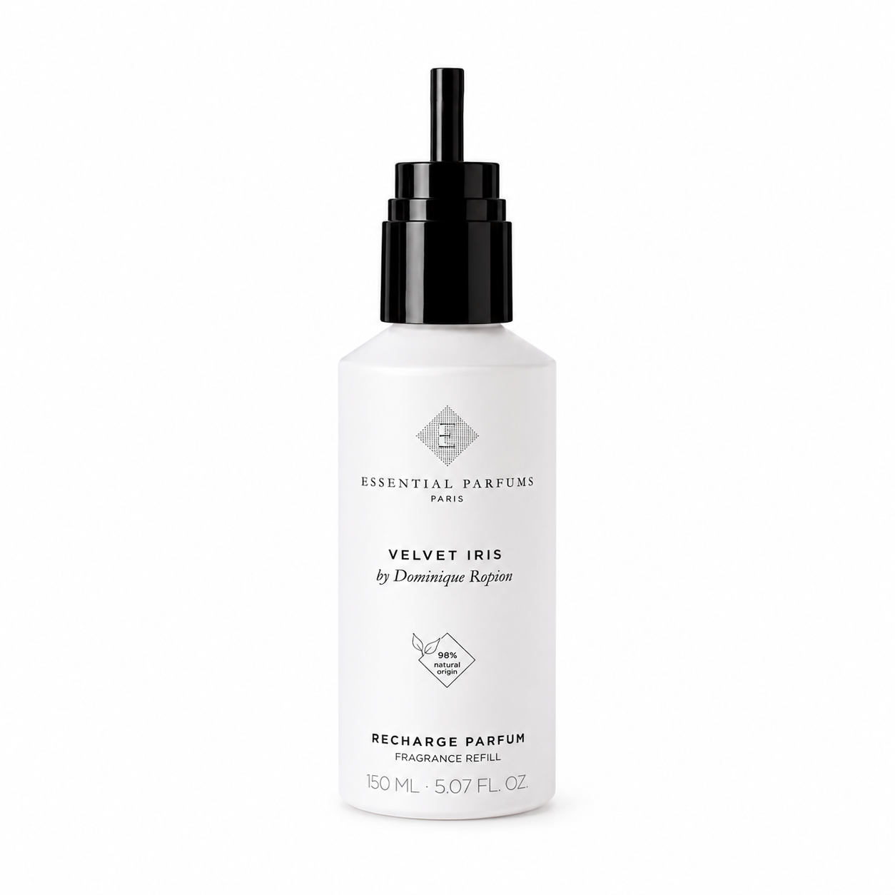 Recharge Velvet Iris d'Essential Parfums, eau de parfum 150 ml avec embout de remplissage sur fond blanc.