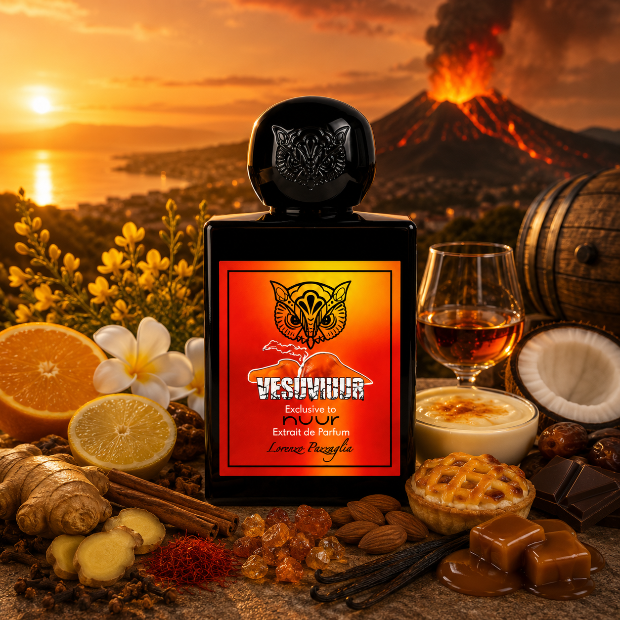 Vesuviuur de Lorenzo Pazzaglia, extrait de parfum 50 ml, flacon en ambiance photoréaliste devant le Vésuve avec agrumes, fleurs de genêt, rhum, crème pâtissière, amandes, chocolat, vanille, caramel et épices.