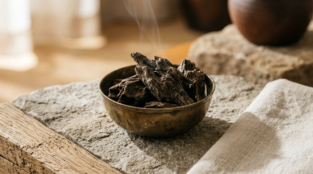 Éclats de bakhoor en bois d'agar fumant dans un récipient en métal