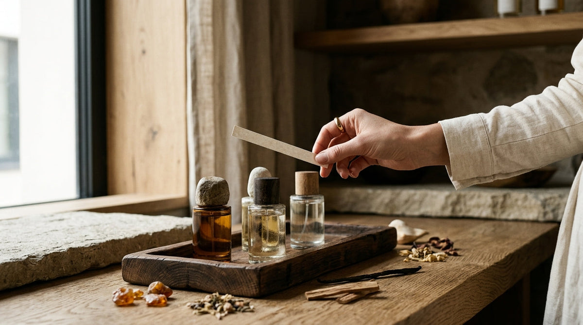 Main tenant une mouillette de parfum au-dessus de flacons sur plateau en bois