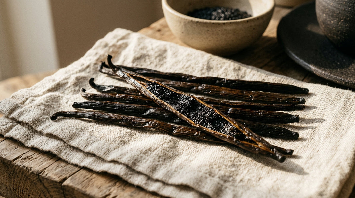Gousses de vanille noires alignées sur lin écru, une gousse fendue montrant les graines