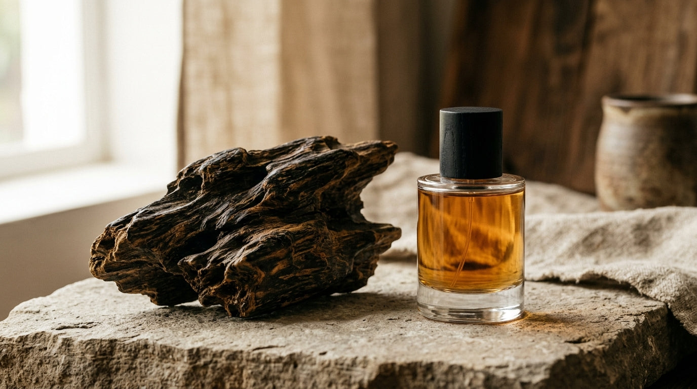 Bois d'agar brut et flacon de parfum illustrant une sélection de parfums oud