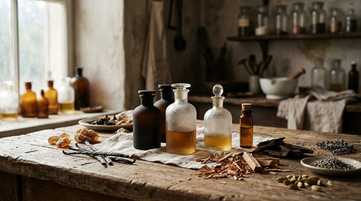 Flacons anciens évoquant la naissance de la parfumerie de niche