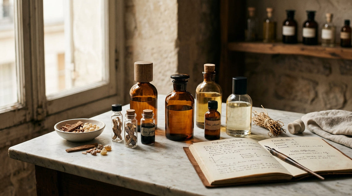 Flacons de parfum de niche italien posés sur du marbre avec essences brutes