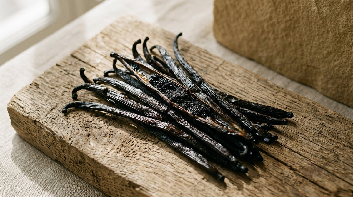 Gousses de vanille noires fendues laissant apparaître leurs graines aromatiques