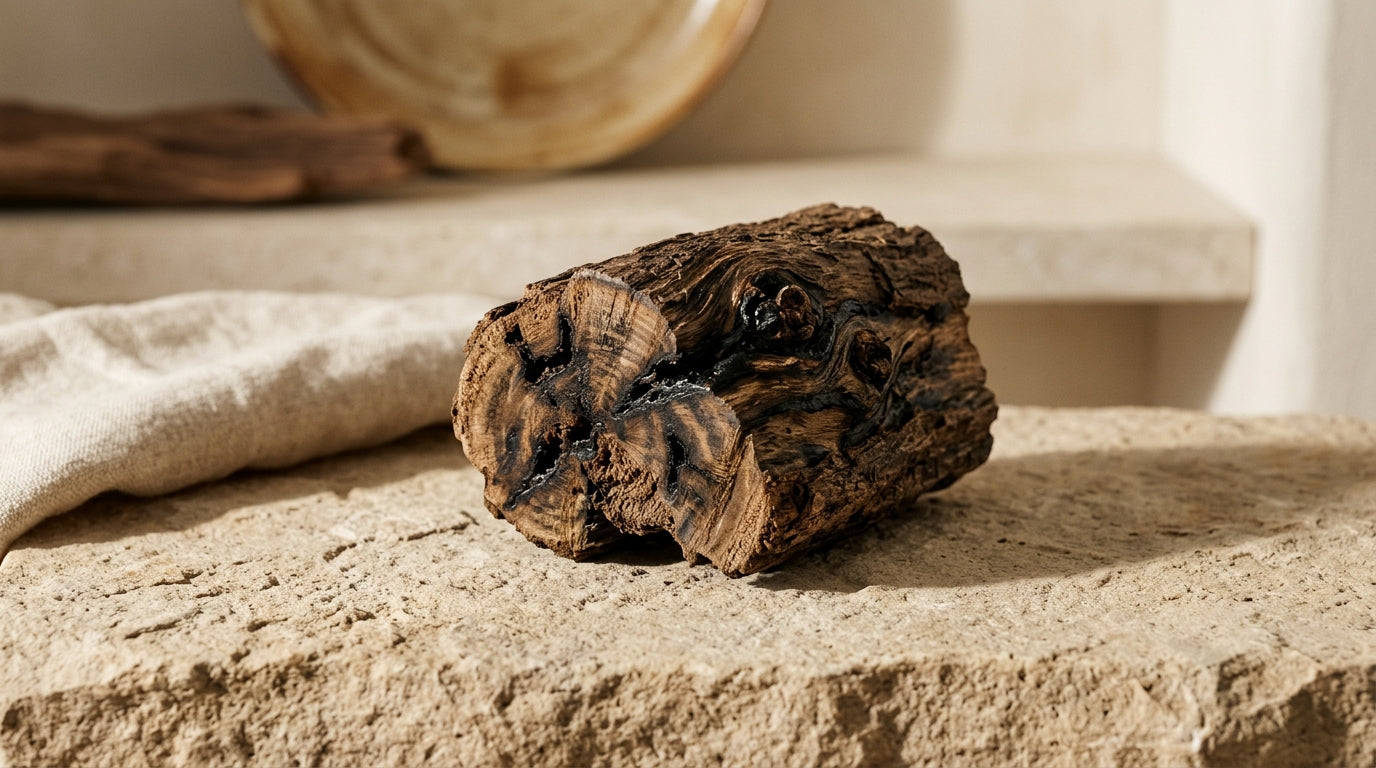 Morceau de bois d'agar sombre montrant les veines de résine du oud