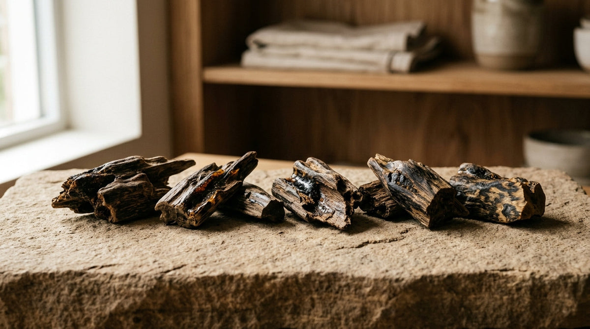 Éclats de bois d'agar de teintes différentes selon leur provenance géographique