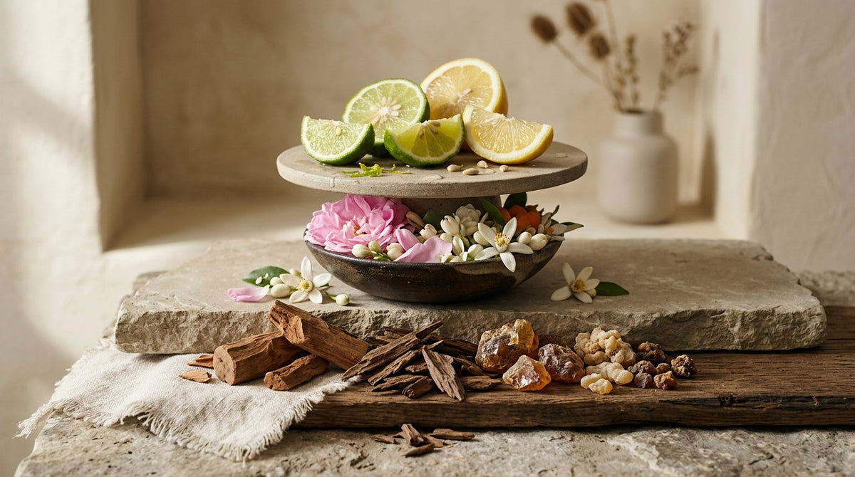 Pyramide olfactive représentée par des matières premières superposées, agrumes, fleurs et bois