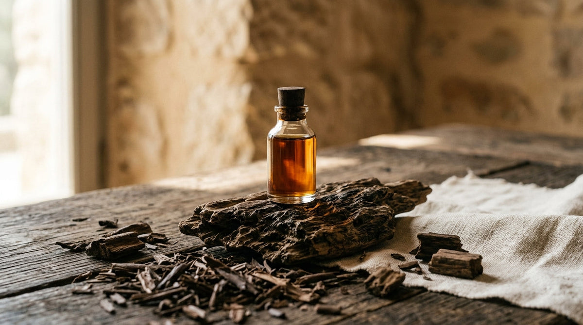 Flacon de parfum oud posé près d'un morceau de bois d'agar brut
