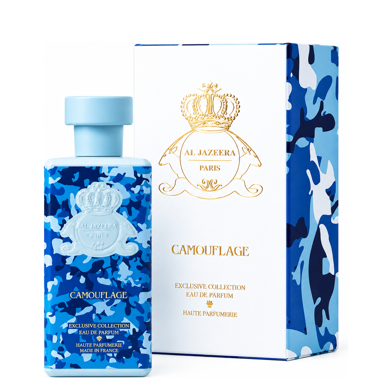 Camouflage d'Al Jazeera Perfumes, eau de parfum 100 ml, flacon et coffret sur fond blanc.