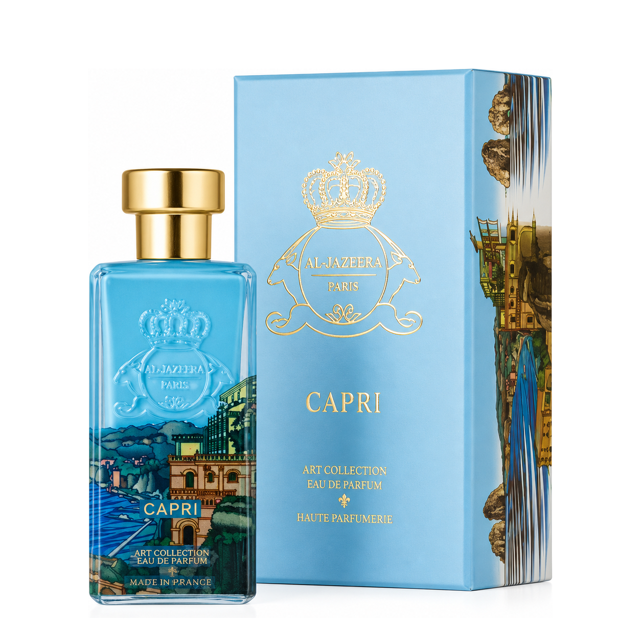 Capri d'Al Jazeera Perfumes, eau de parfum 100 ml, flacon et coffret sur fond blanc.