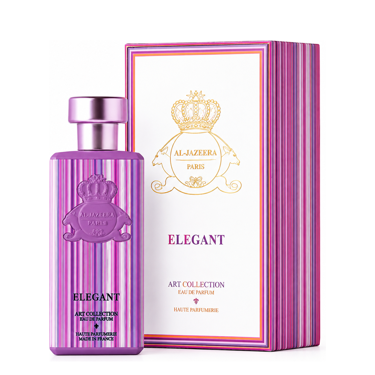 Elegant d'Al Jazeera Perfumes, eau de parfum 100 ml, flacon et coffret sur fond blanc.