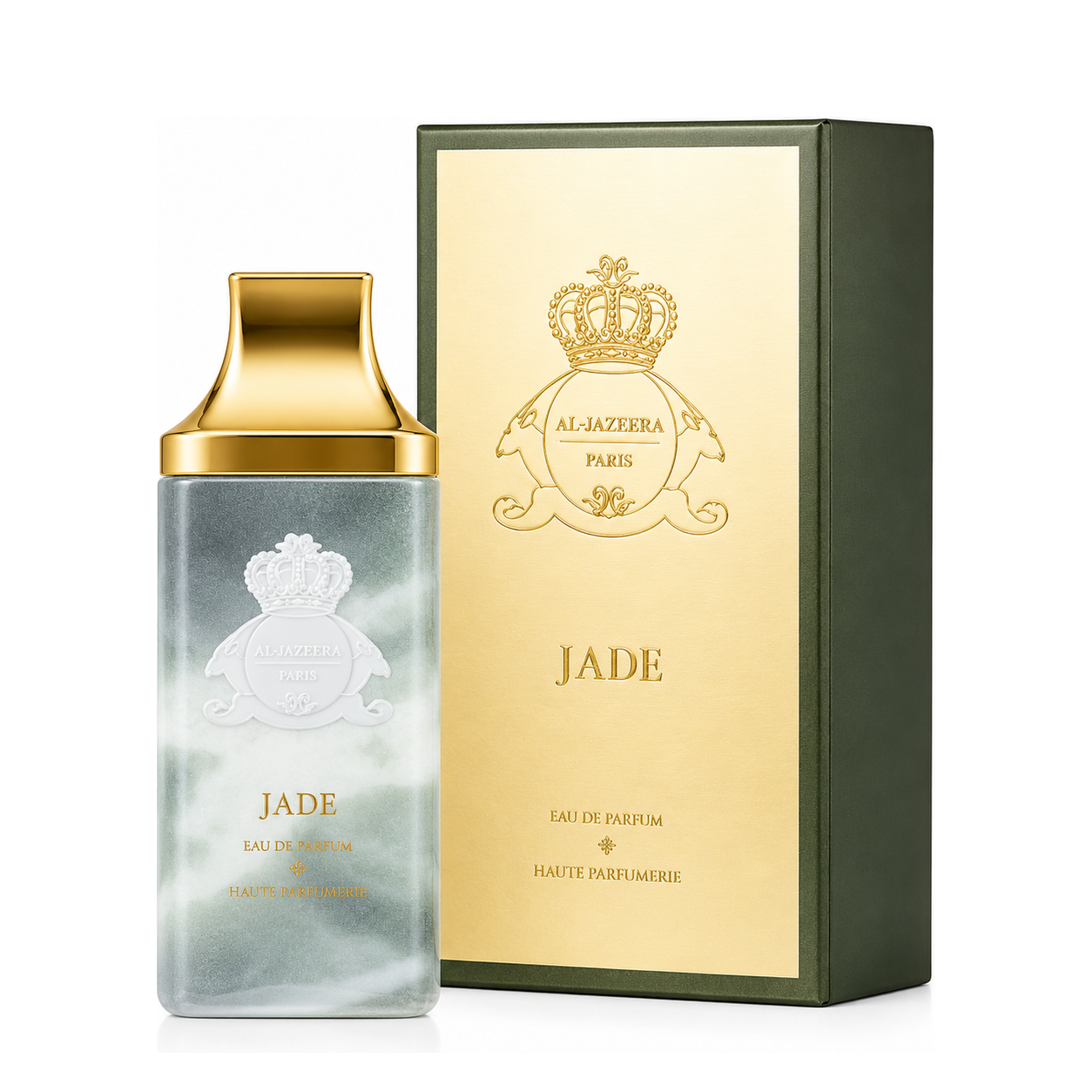 Jade d'Al Jazeera Perfumes, eau de parfum 100 ml, flacon et coffret sur fond blanc.