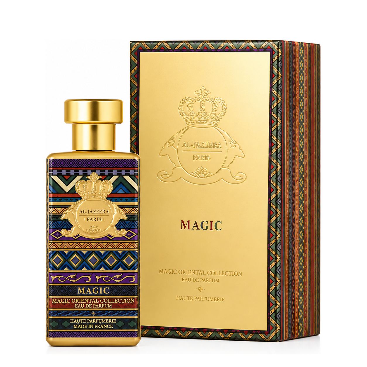 Magic d'Al Jazeera Perfumes, eau de parfum 100 ml, flacon et coffret sur fond blanc.