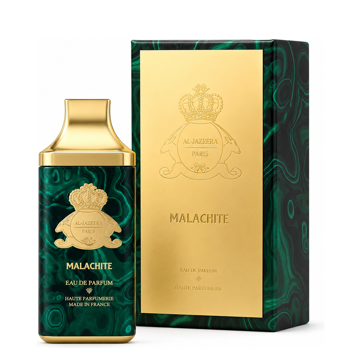 Malachite d'Al Jazeera Perfumes, eau de parfum 100 ml, flacon et coffret sur fond blanc.