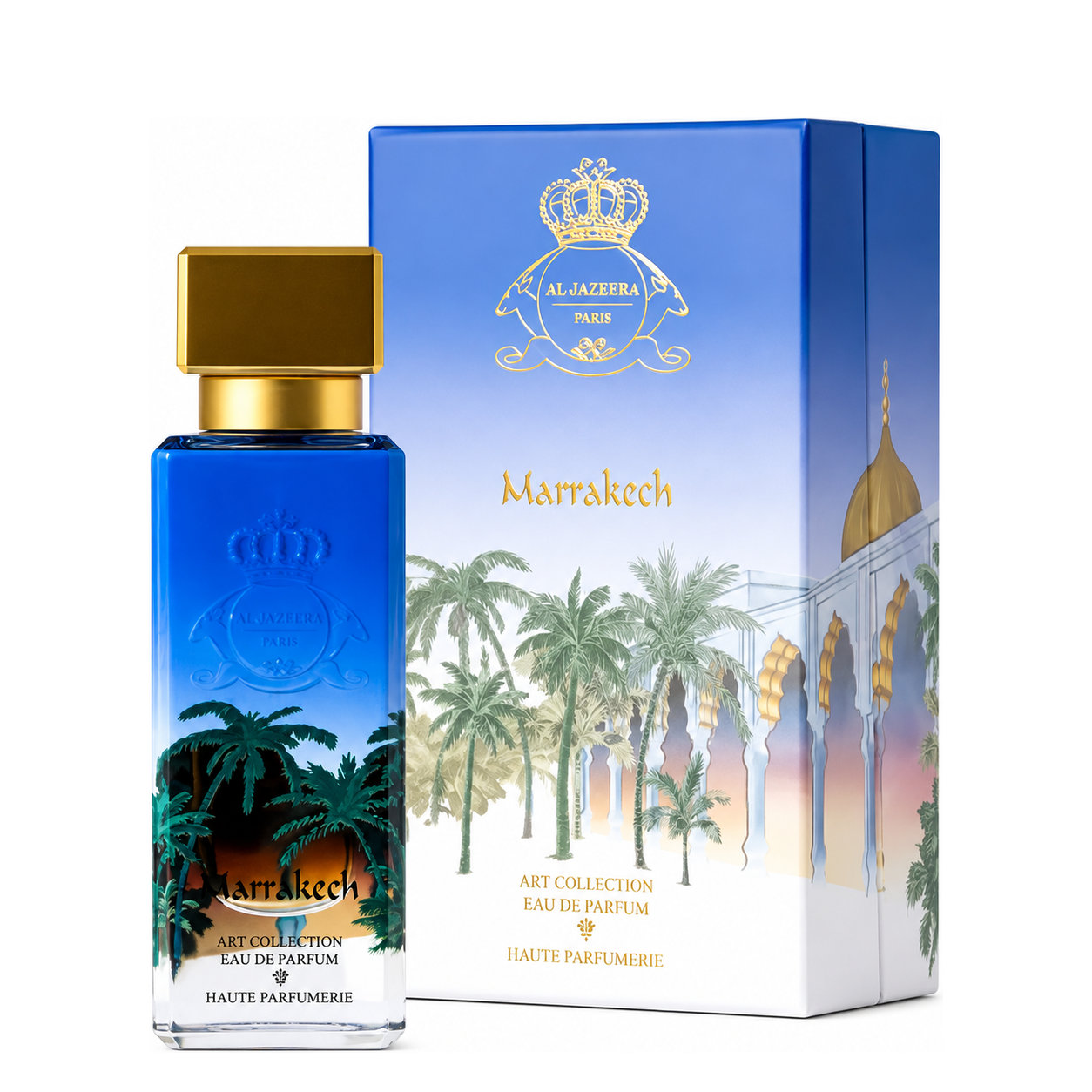 Marrakech d'Al Jazeera Perfumes, eau de parfum 100 ml, flacon et coffret sur fond blanc.