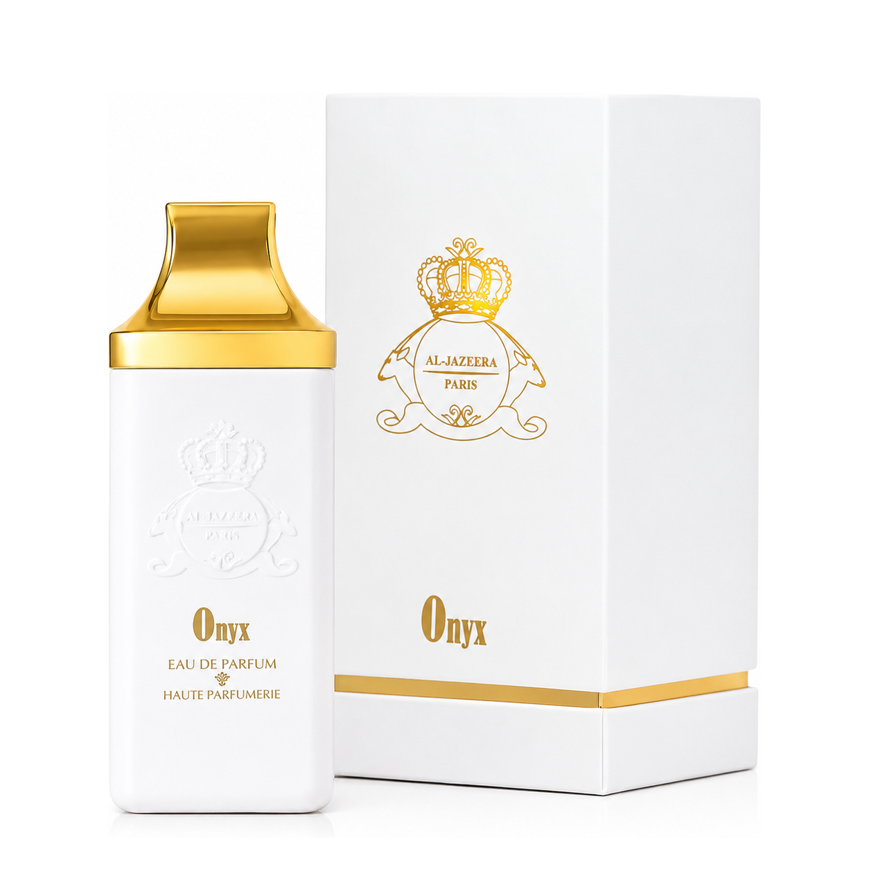 Onyx d'Al Jazeera Perfumes, eau de parfum 100 ml, flacon et coffret sur fond blanc.
