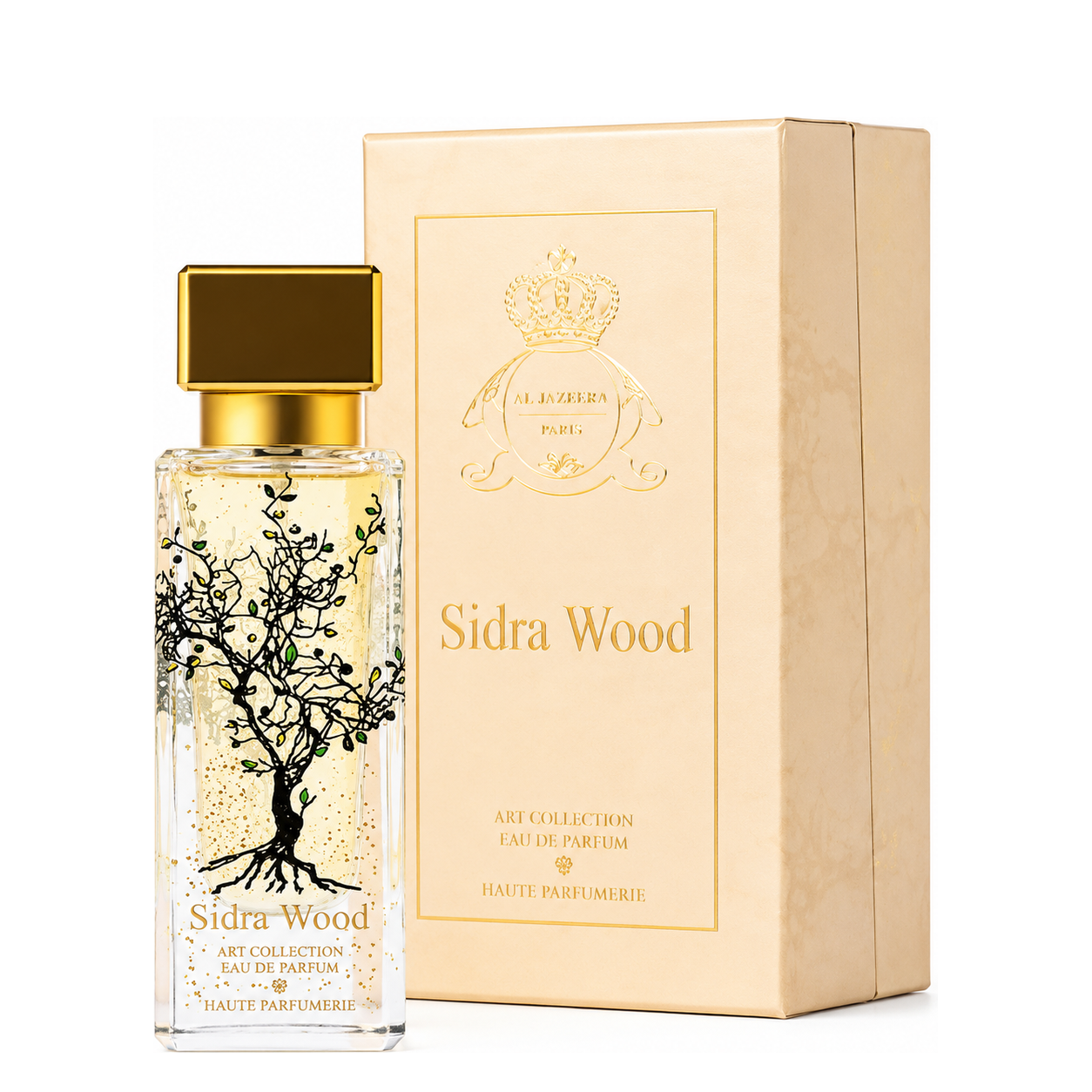 Sidra Wood d'Al Jazeera Perfumes, eau de parfum 100 ml, flacon et coffret sur fond blanc.