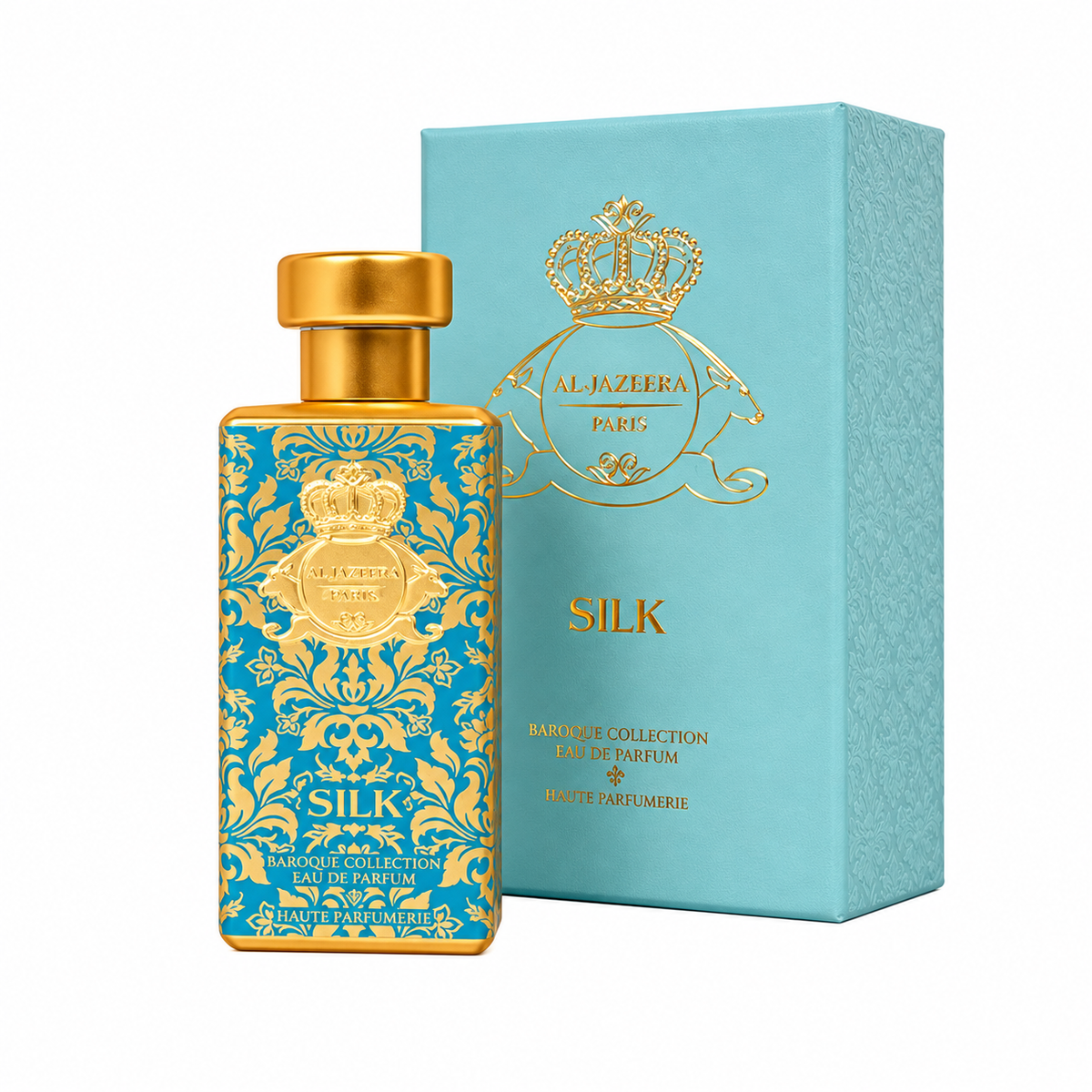 Silk d'Al Jazeera Perfumes, eau de parfum 60 ml, flacon et coffret sur fond blanc.