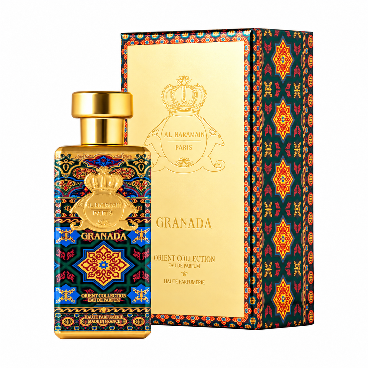 Granada d'Al Jazeera Perfumes, eau de parfum 60 ml, flacon et coffret doré.