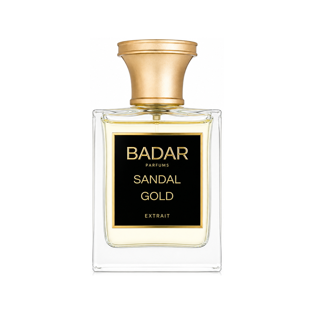 Sandal Gold de Badar, extrait de parfum 50 ml, flacon de face sur fond blanc.