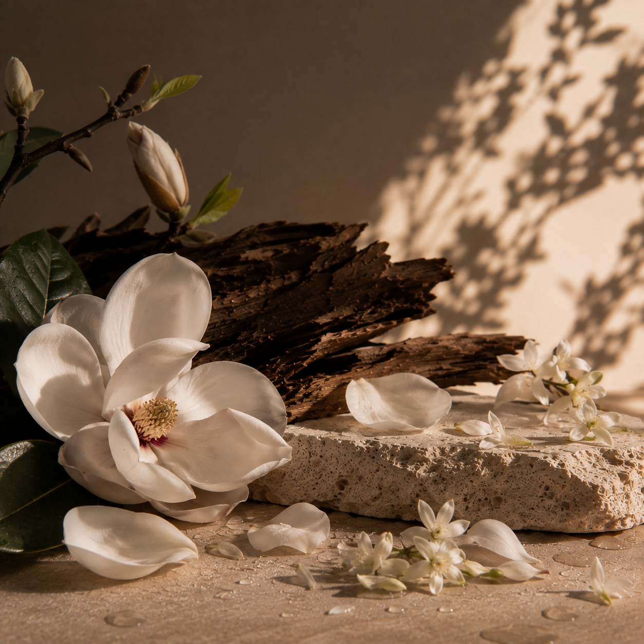 Eau de Magnolia de Frédéric Malle, eau de toilette, flacon en mise en scène.