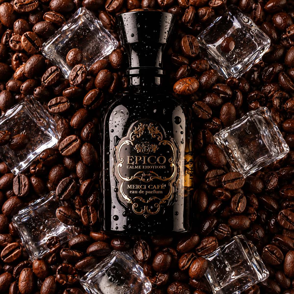 Merci Café d'Epicò, eau de parfum 100 ml, flacon en mise en scène.