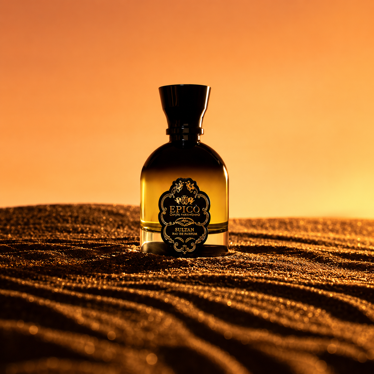 Sultan d'Epicò, eau de parfum 100 ml, flacon en mise en scène.