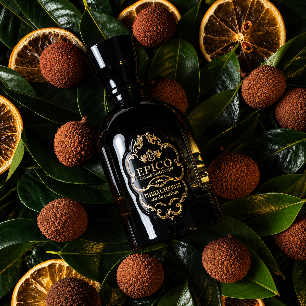 Thelycheeus d'Epicò, eau de parfum 100 ml, flacon en mise en scène.