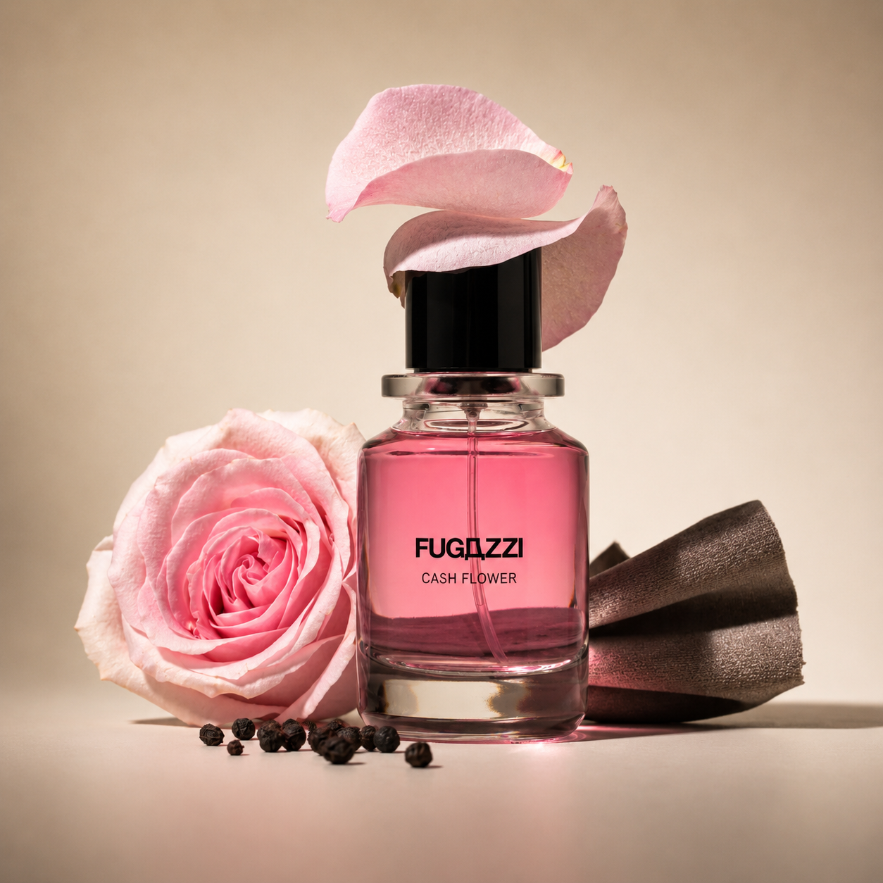 Cash Flower de Fugazzi, extrait de parfum, mise en scène du flacon rose coiffé de pétales de rose, entre une rose et des grains de poivre noir.