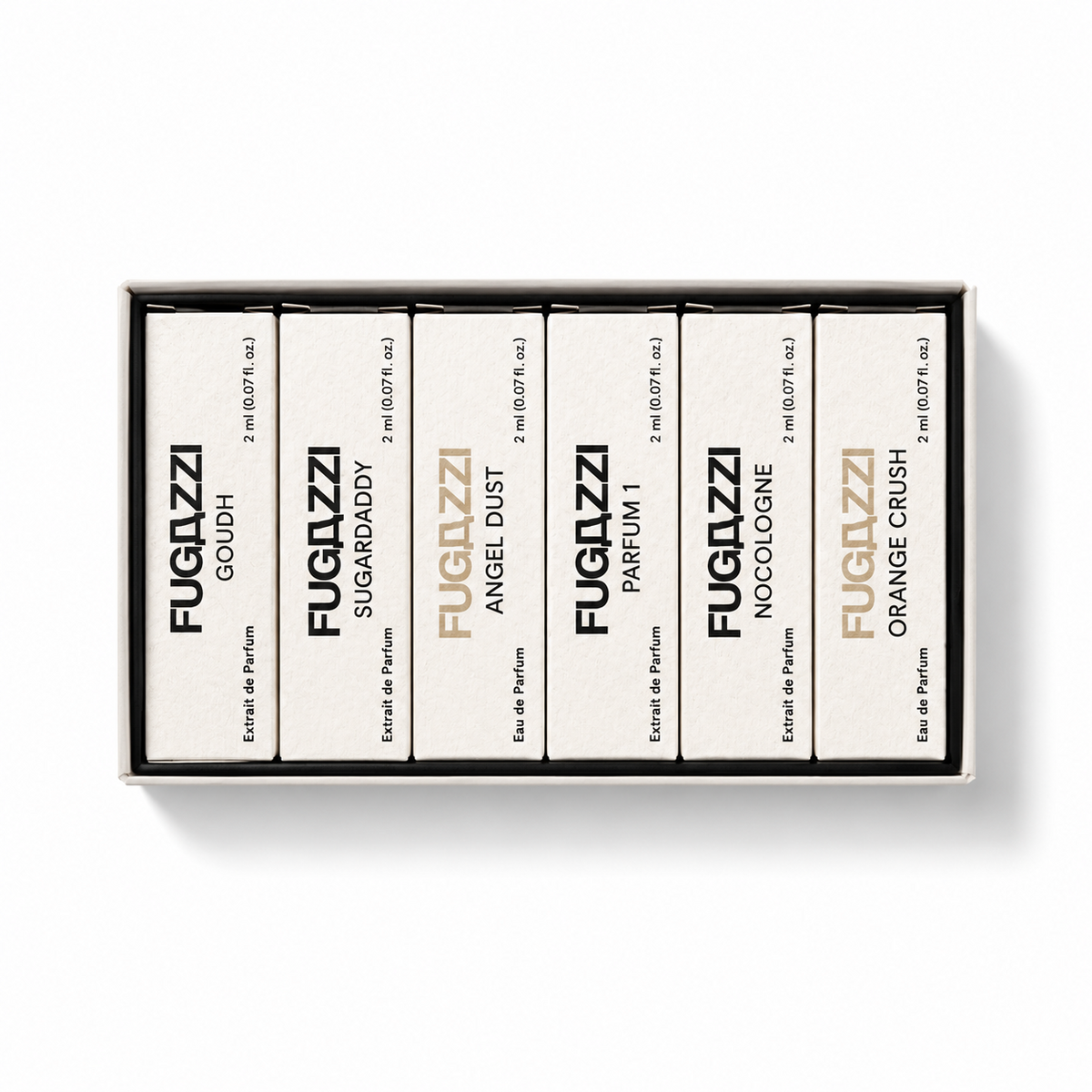 Coffret Découverte Fugazzi, 6 × 2 ml, coffret de face sur fond blanc.
