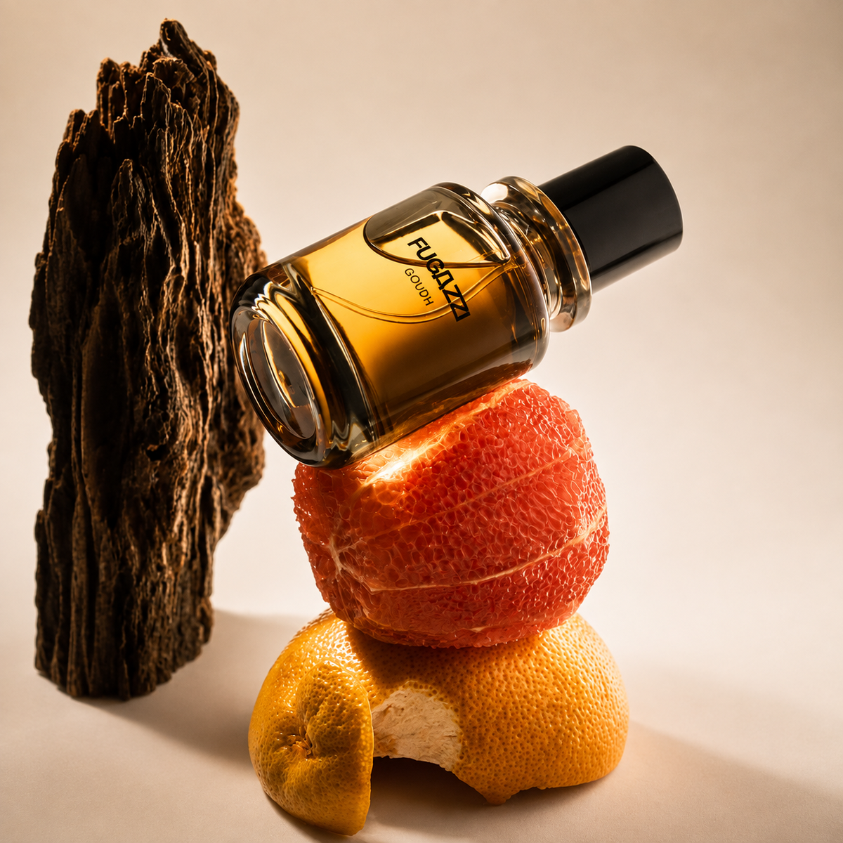 Goudh de Fugazzi, extrait de parfum, mise en scène du flacon ambré en équilibre sur des agrumes pelés, contre un morceau de bois d'oud.