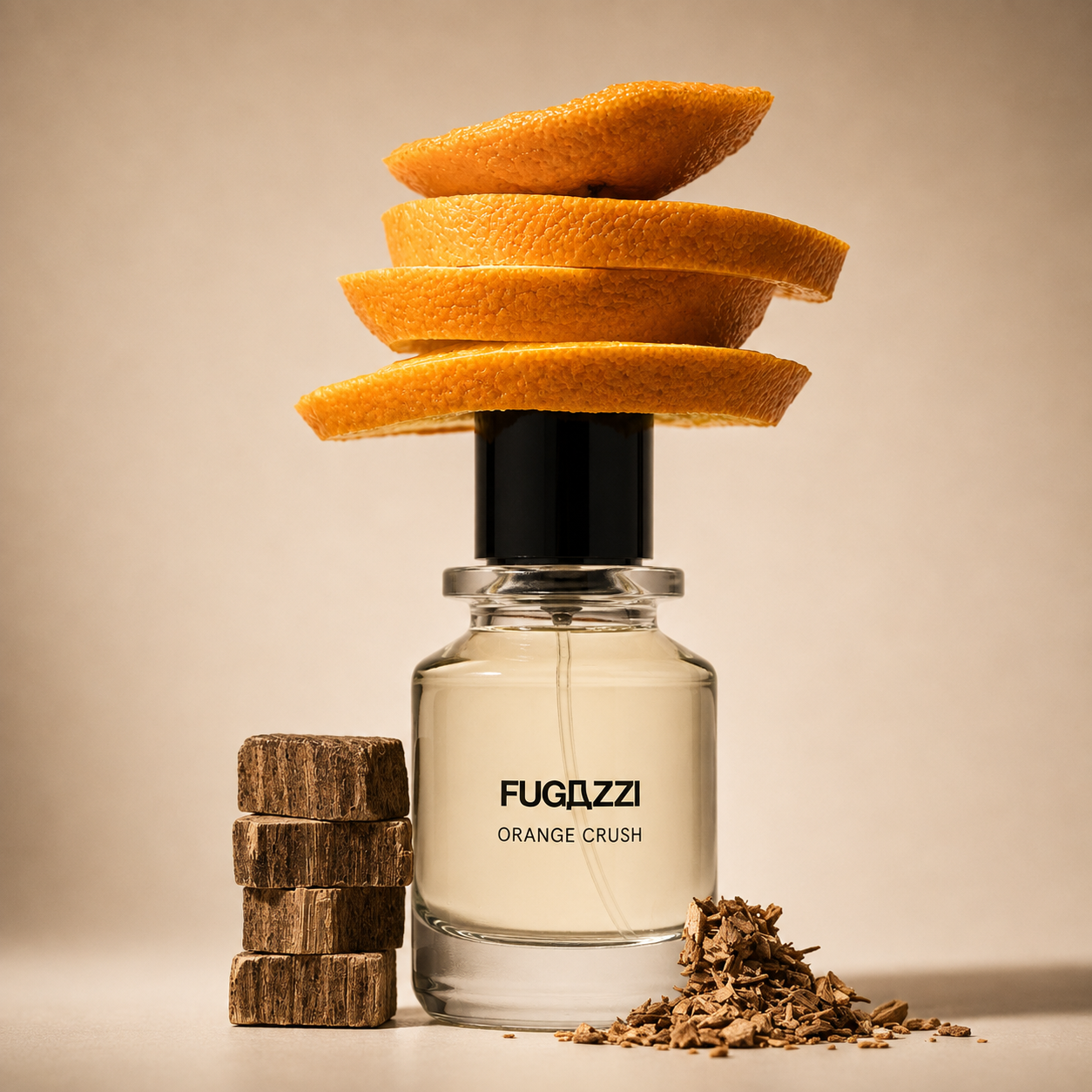 Orange Crush de Fugazzi, extrait de parfum, mise en scène du flacon coiffé d'écorces d'orange, entre des blocs et des copeaux de bois.