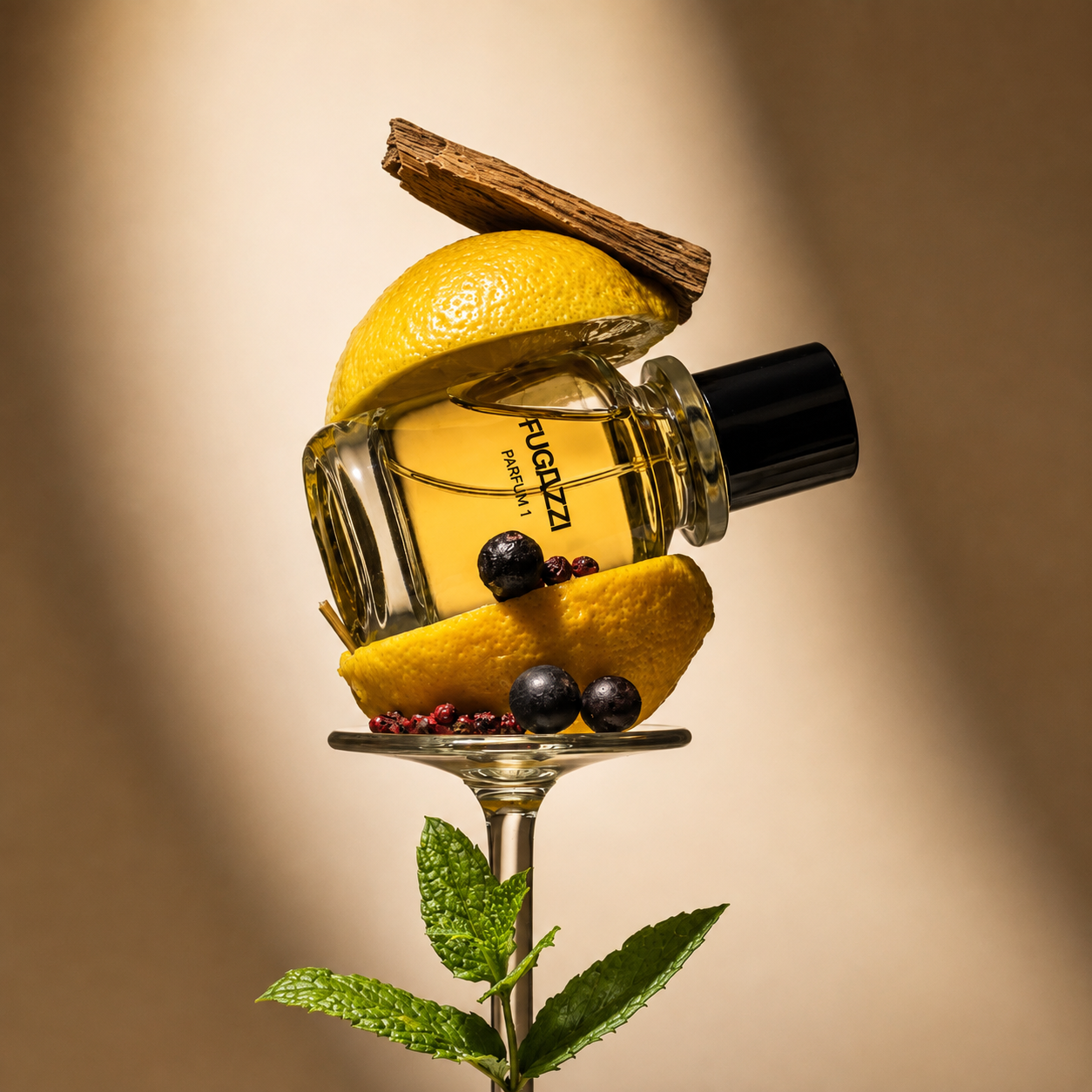 Parfum 1 de Fugazzi, extrait de parfum, mise en scène du flacon posé sur un verre à cocktail, parmi un citron, des baies de genièvre, du poivre rose et de la menthe.
