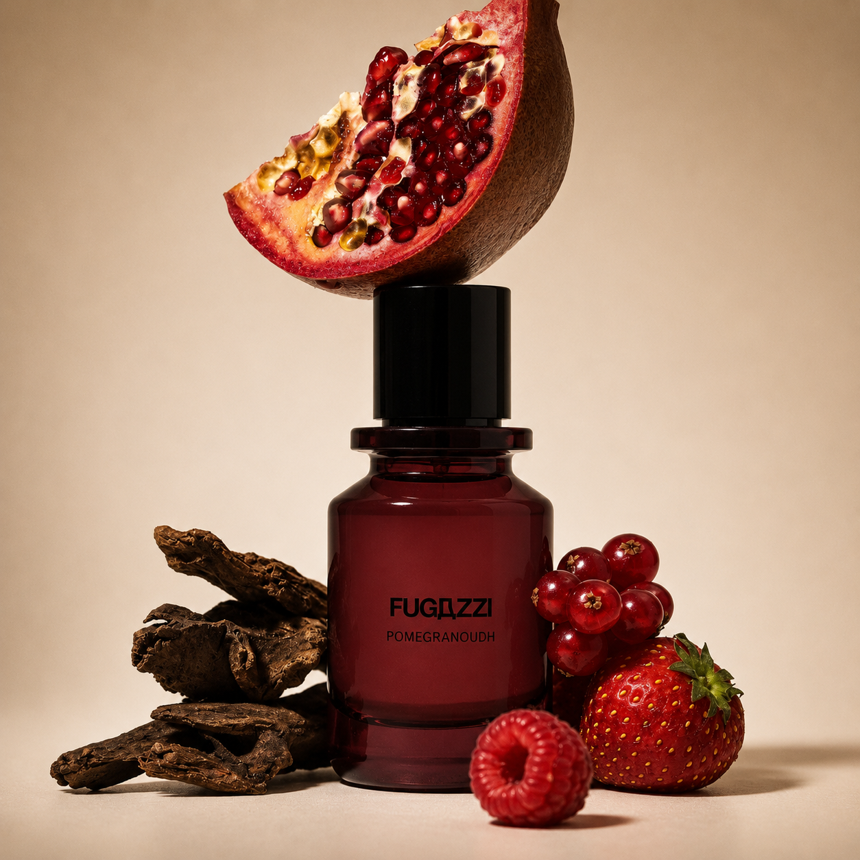 Pomegranoudh de Fugazzi, extrait de parfum, mise en scène du flacon rouge coiffé d'un quartier de grenade, entre des morceaux d'oud et des fruits rouges.