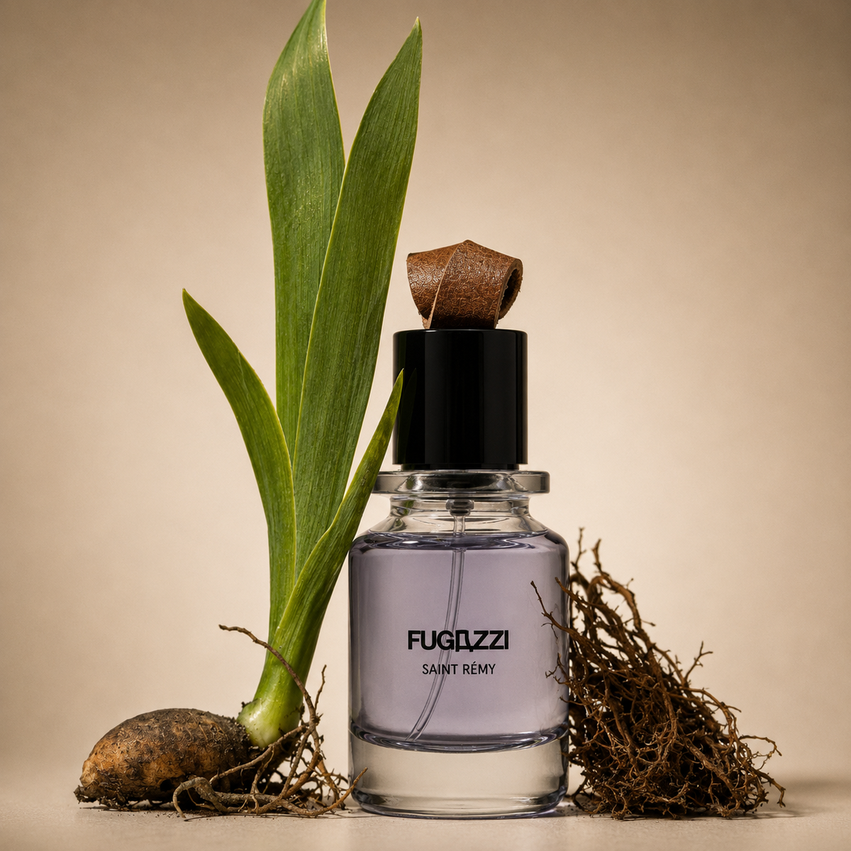 Saint Remy de Fugazzi, extrait de parfum, mise en scène du flacon entre un rhizome d'iris et ses racines.