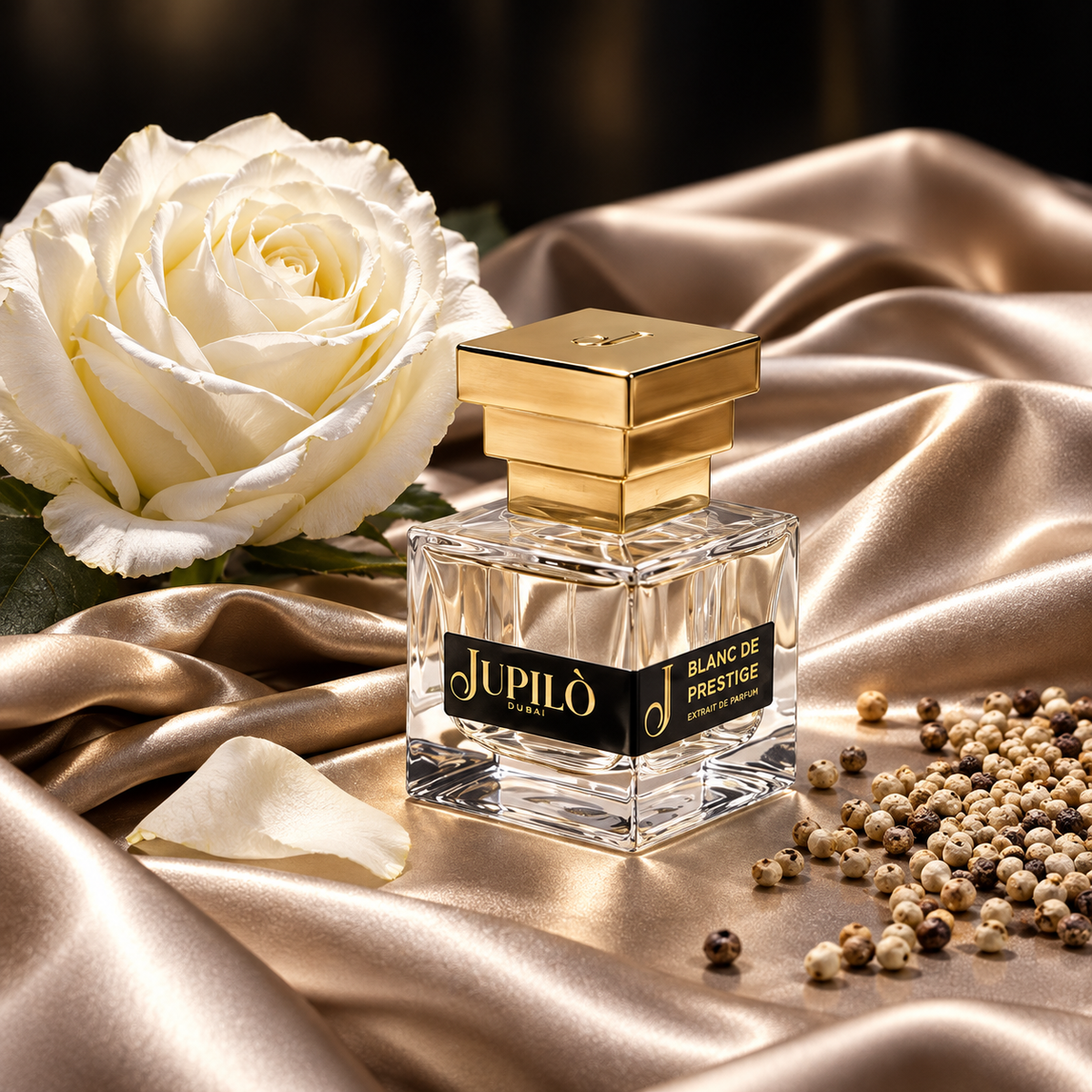 Blanc Prestige de Jupilò, extrait de parfum, mise en scène du flacon.