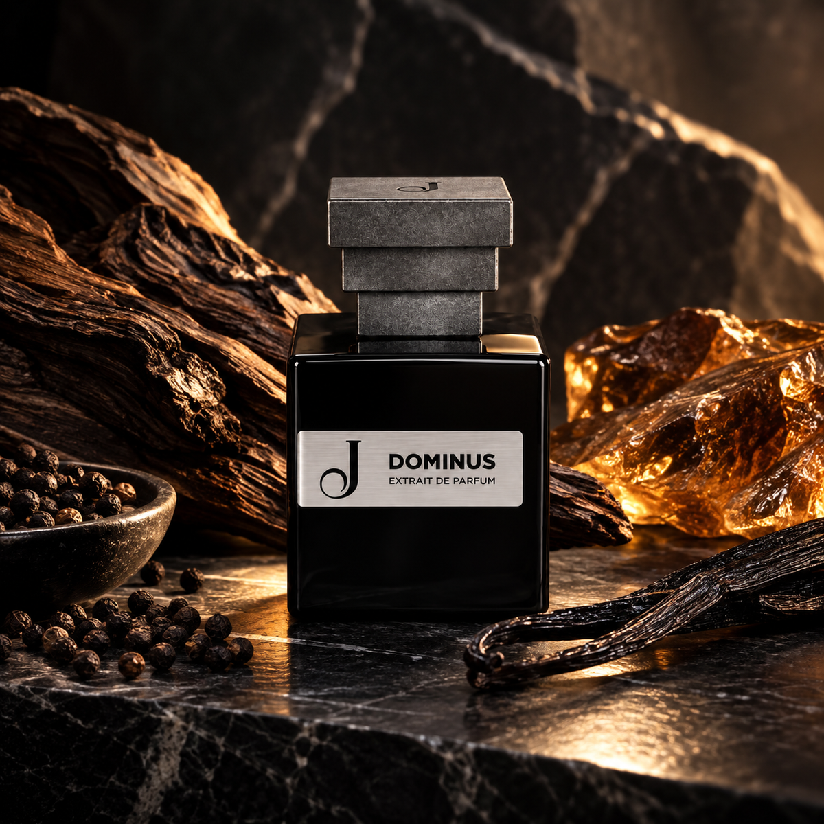 Dominus de Jupilò, extrait de parfum, mise en scène du flacon.