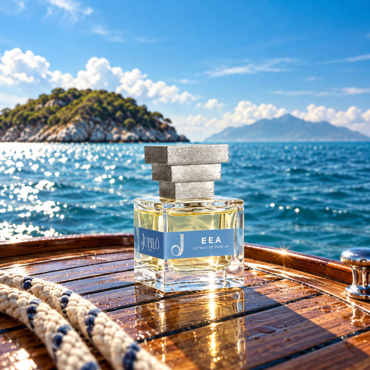 Eea de Jupilò, extrait de parfum, mise en scène du flacon.