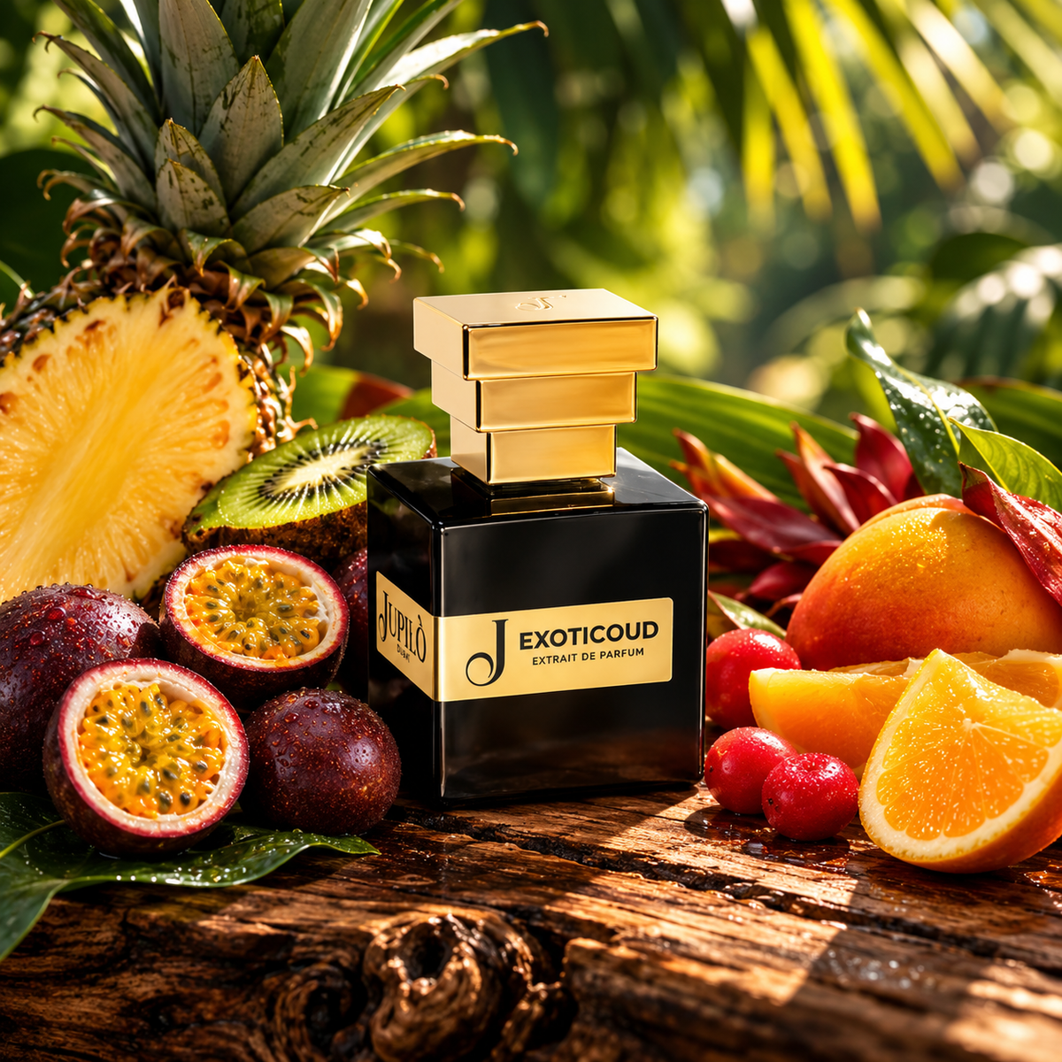 Exoticoud de Jupilò, extrait de parfum, mise en scène du flacon.