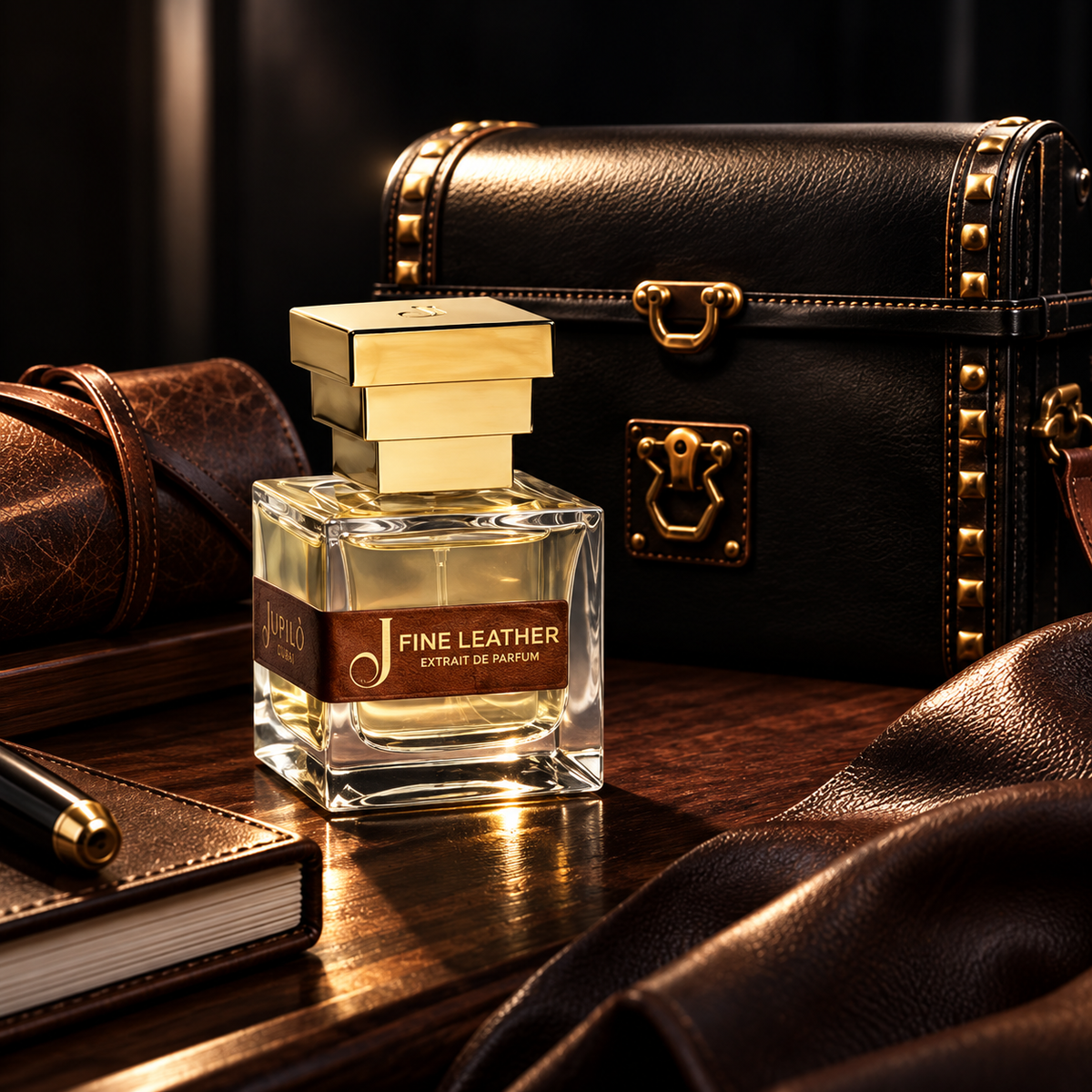 Fine Leather de Jupilò, extrait de parfum, mise en scène du flacon.