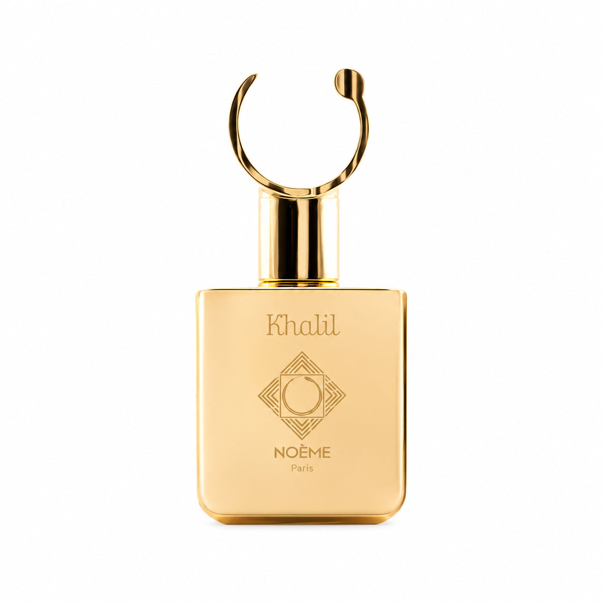 Khalil de Noème Paris, eau de parfum 100 ml, flacon doré de face sur fond blanc.