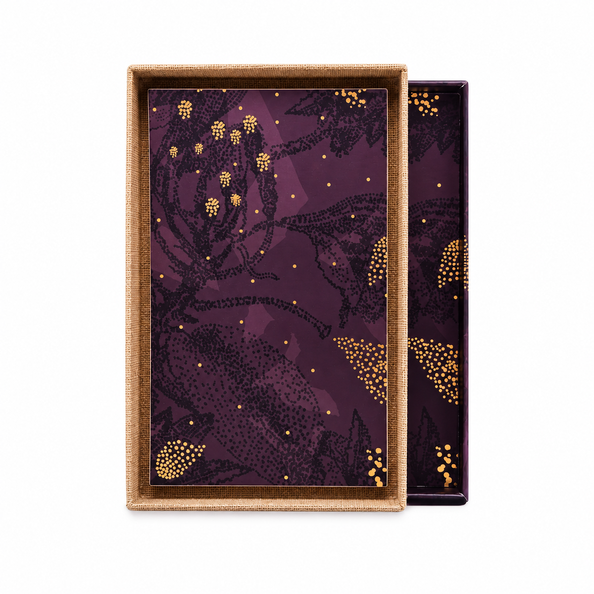 Coffret de Vanille de Sambava de Noème Paris ouvert, intérieur prune illustré de motifs végétaux pointillés et dorés, sur fond blanc.