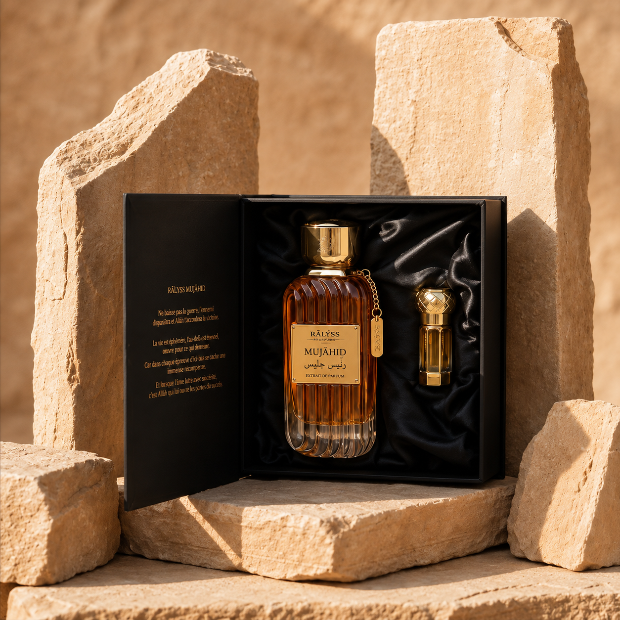 Coffret Mujāhid de Ralyss Maison des Héritiers ouvert sur le flacon 100 ml et l'huile parfumée 3 ml.