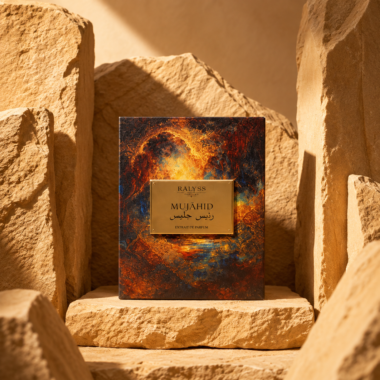 Coffret Mujāhid de Ralyss Maison des Héritiers, toile peinte inspirée d'Oman, boîte de face sur fond blanc.