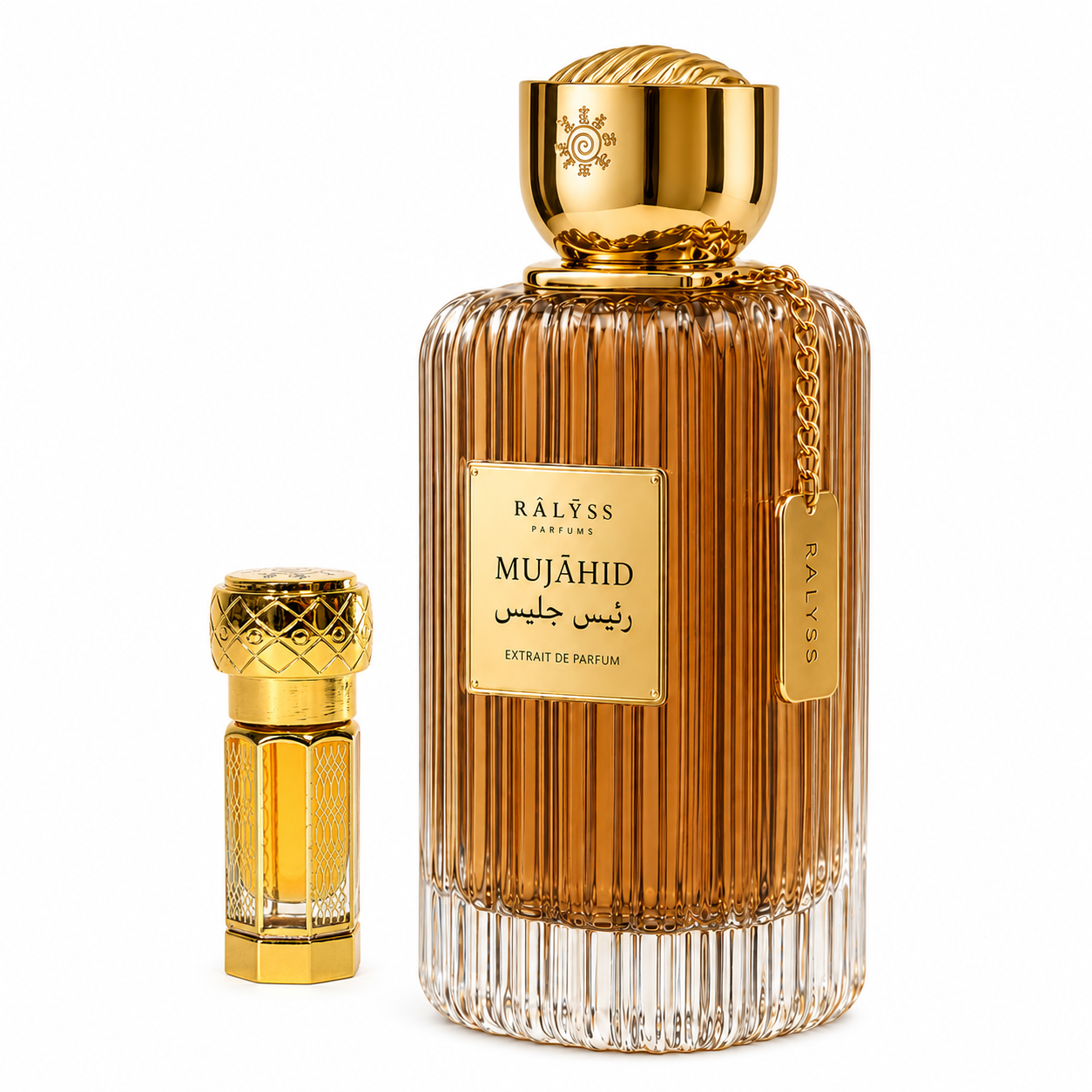 Mujāhid de Ralyss Maison des Héritiers, extrait de parfum 100 ml avec son musc 3 ml, flacon de face sur fond blanc.