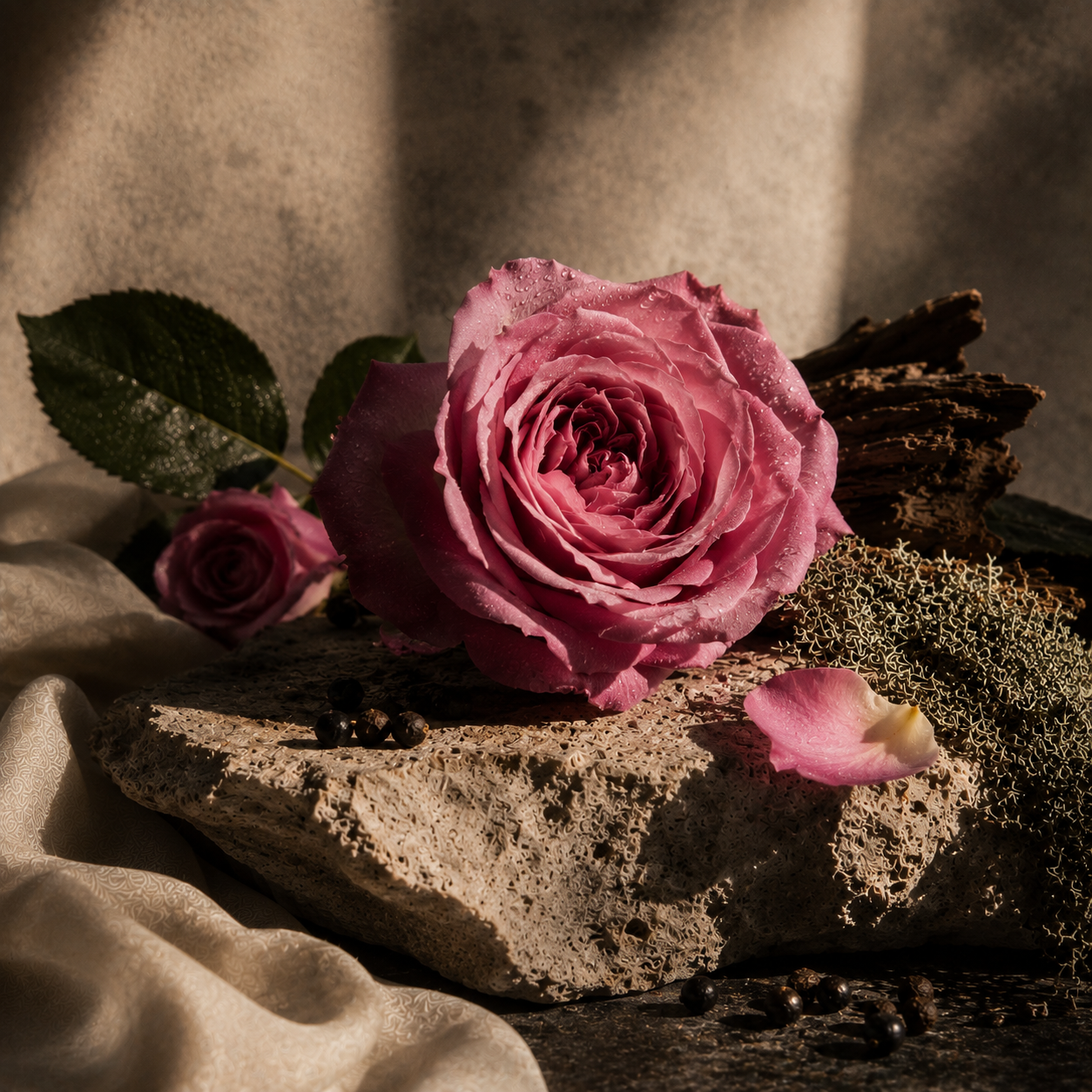 Rose Tonnerre de Frédéric Malle, eau de parfum, flacon en mise en scène.