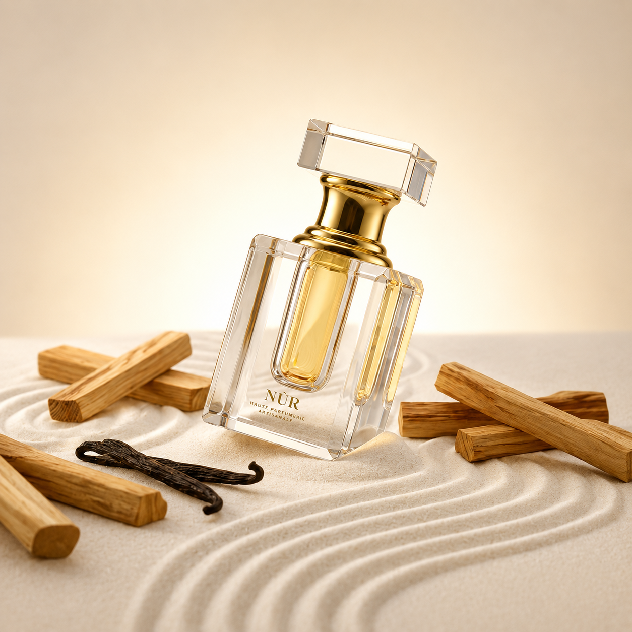 Santal Kerala de NÛR, élixir de parfum 3 ml, mise en scène évoquant le bois de santal lacté du Kerala.