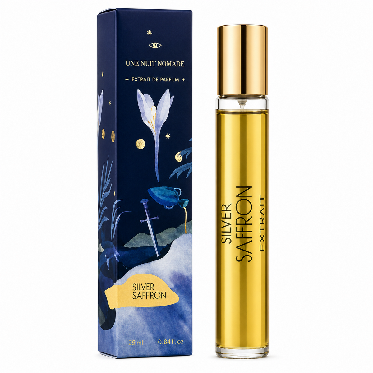 Silver Saffron d'Une Nuit Nomade, extrait de parfum 25 ml, flacon de face sur fond blanc.